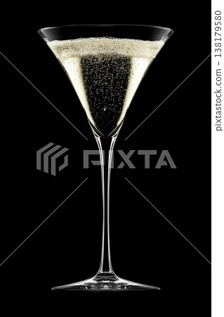 Tall wine glass filled with sparkling champagne and bubbles on black background with clipping path Tall wine glass filled with sparkling champagne and bubbles on black background with clipping path 138179580