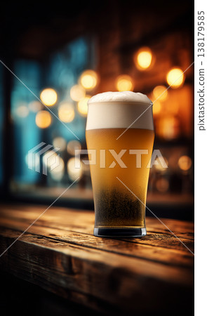 A frothy craft amber beer on wooden bar table in warm bokeh ambient pub setting background, concept of cozy relaxation pub mood A frothy craft amber beer on wooden bar table in warm bokeh ambient pub setting background, concept of cozy relaxation pub mood 138179585