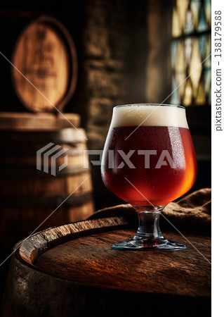 A frothy craft ruby beer on wooden bar table in warm bokeh ambient pub setting background, concept of cozy relaxation pub mood A frothy craft ruby beer on wooden bar table in warm bokeh ambient pub setting background, concept of cozy relaxation pub mood 138179588
