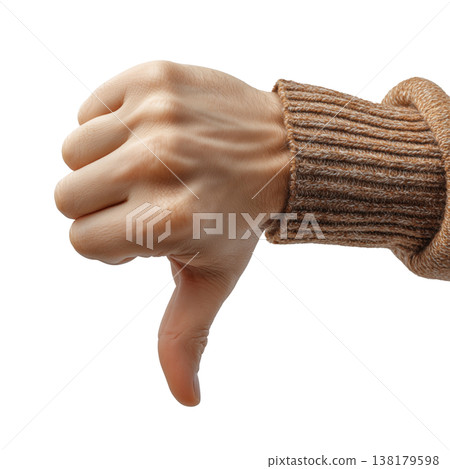Close-up of male hand doing thumbs down sign isolated on white background. Concept of disapproval, rejection, or negative feedback Close-up of male hand doing thumbs down sign isolated on white background. Concept of disapproval, rejection, or negative feedback 138179598