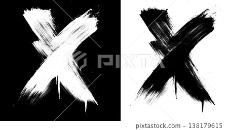 Brushstroke letter X in bold grunge style on split isolated black and white background, symbolizing contrast and creativity Brushstroke letter X in bold grunge style on split isolated black and white background, symbolizing contrast and creativity 138179615