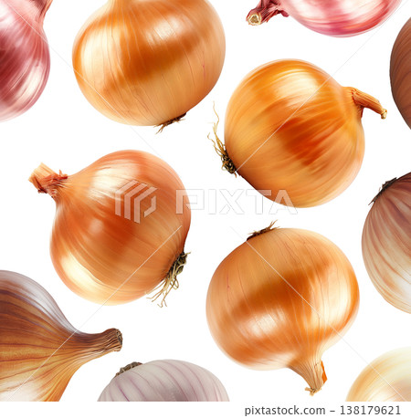 Assorted whole onions of different colors and types isolated on white background, freshness, variety, and natural produce Assorted whole onions of different colors and types isolated on white background, freshness, variety, and natural produce 138179621