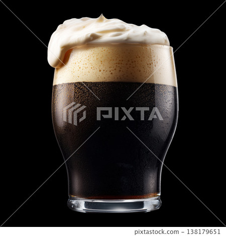 Foamy dark stout beer in a pint glass with creamy foam head, isolated on black background, concept of refreshment and taste Foamy dark stout beer in a pint glass with creamy foam head, isolated on black background, concept of refreshment and taste 138179651