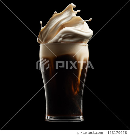Foamy stout beer splash in clear tall pint glass, on dark background with clipping path, concept of refreshment and celebration Foamy stout beer splash in clear tall pint glass, on dark background with clipping path, concept of refreshment and celebration 138179658