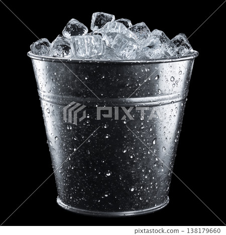 Metal bucket full of ice cubes isolated on black background with clipping path, concept of freshness and coldness 138179660