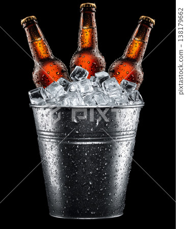 Set of cold beer bottles in a metal bucket filled with ice on black background with clipping path, concept of refreshment Set of cold beer bottles in a metal bucket filled with ice on black background with clipping path, concept of refreshment 138179662