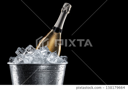 Champagne bottle in metal ice bucket, on black background with clipping path, concept of celebration Champagne bottle in metal ice bucket, on black background with clipping path, concept of celebration 138179664