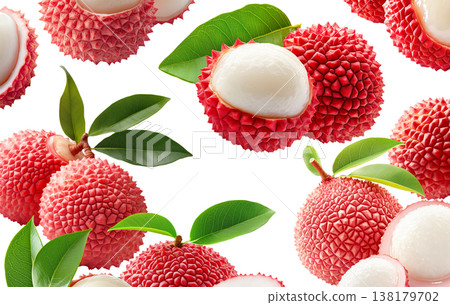 Juicy lychee fruits with red rough skin and green leaves, peeled and whole, on white background. Concept of tropical fruit 138179702