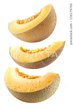 Fresh cantaloupe melon slices arranged in a seamless pattern isolated on white background, summer fruit freshness and health Fresh cantaloupe melon slices arranged in a seamless pattern isolated on white background, summer fruit freshness and health 138179708