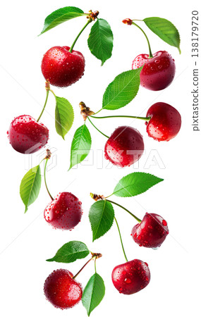 Juicy red cherries with fresh green leaves and water droplets, isolated on a white background, concept of freshness Juicy red cherries with fresh green leaves and water droplets, isolated on a white background, concept of freshness 138179720