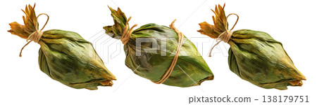 Venezuelan tamales wrapped in corn husk, tied with rustic rope, isolated on white background, representing South American cuisine Venezuelan tamales wrapped in corn husk, tied with rustic rope, isolated on white background, representing South American cuisine 138179751