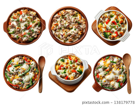 Cheesy baked beef and vegetable casserole with broccoli and bell peppers in ceramic dish, top view, isolated on white background Cheesy baked beef and vegetable casserole with broccoli and bell peppers in ceramic dish, top view, isolated on white background 138179778