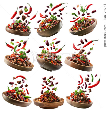 Southwest Tex-Mex Chili con carne beef chili stir-fry with or without beans isolated on white background, concept of hot cuisine Southwest Tex-Mex Chili con carne beef chili stir-fry with or without beans isolated on white background, concept of hot cuisine 138179781