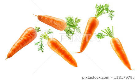 Bunches of fresh orange carrots with green tops arranged in a scattered layout isolated on white background, organic healthy food Bunches of fresh orange carrots with green tops arranged in a scattered layout isolated on white background, organic healthy food 138179793