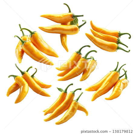 Fresh yellow chili peppers in various bunches, isolated on clean white background, concept of spicy food Fresh yellow chili peppers in various bunches, isolated on clean white background, concept of spicy food 138179812