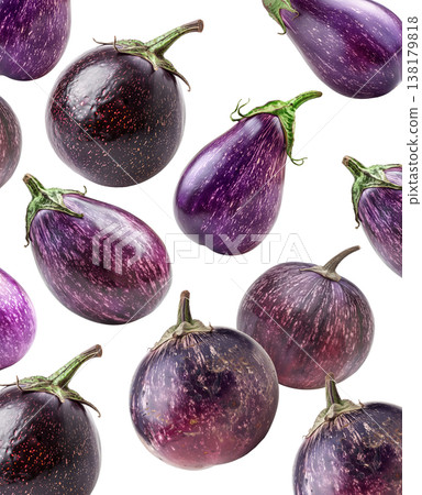 Several purple striped eggplants displayed in scattered pattern isolated on white background, produce and organic food concept Several purple striped eggplants displayed in scattered pattern isolated on white background, produce and organic food concept 138179818