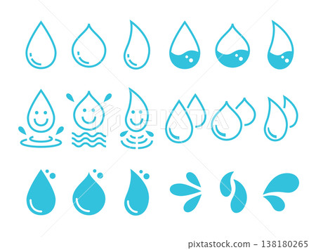 一組簡單的水滴、水滴和水主題圖示。 一組簡單的水滴、水滴和水主題圖示。 138180265
