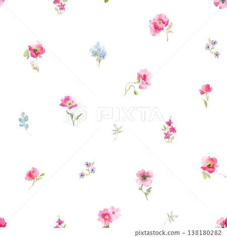 Delicate watercolor seamless pattern with small pink and blue flowers on white background. Light botanical design perfect for wedding stationery, invitations, fabric, wrapping paper, baby products 138180282