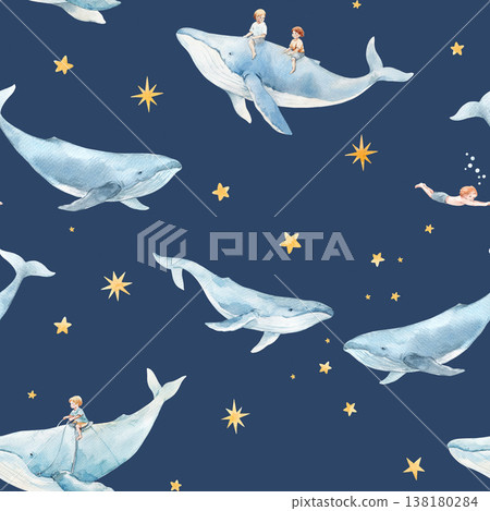 Whimsical Seamless Pattern with Flying Whales and Children, Night Sky, Stars and Moon Fantasy Illustration 138180284