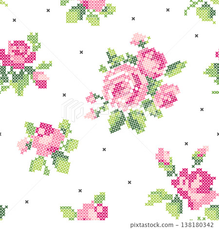Seamless Pattern Cross Stitch Floral Pink Rose Embroidery Polka Dot Vintage Cottagecore Background Vector Seamless Pattern Cross Stitch Floral Pink Rose Embroidery Polka Dot Vintage Cottagecore Background Vector 138180342