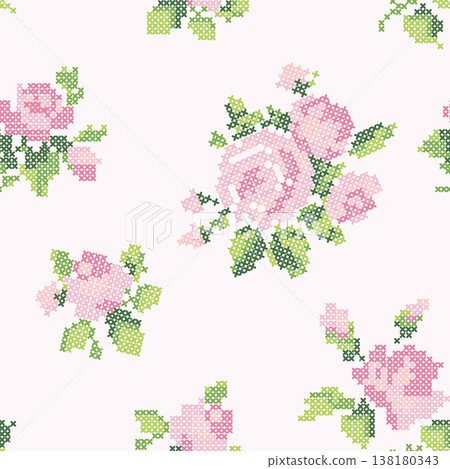 Seamless Pattern Pink Roses Cross Stitch Floral Embroidery Luxury Nursery Soft Baby Background Vector Seamless Pattern Pink Roses Cross Stitch Floral Embroidery Luxury Nursery Soft Baby Background Vector 138180343