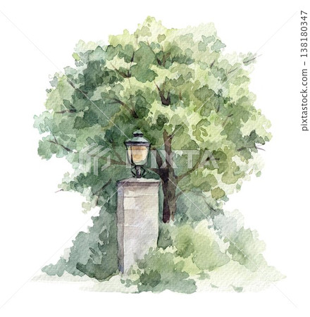 Watercolor Garden Lamp Post Clipart Elegant Wedding Venue Entrance Tree Illustration Romantic Landscape Element 138180347