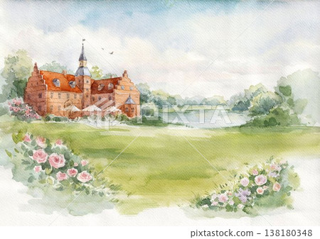 Luxury Wedding Chateau Watercolor Landscape Elegant Garden Venue Romantic Invitation Background 138180348