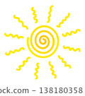 Abstract sun icon with spiral center and wavy rays, yellow hand drawn summer symbol, isolated on transparent background. Editable stroke. PNG. Vector 138180358