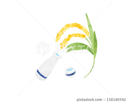 清酒瓶、清酒杯、稻穗、水彩插畫、可愛、風格化、日本清酒、酒、豐收、材料 清酒瓶、清酒杯、稻穗、水彩插畫、可愛、風格化、日本清酒、酒、豐收、材料 138180592