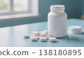 Close-up, soft light, 3D render of a white pill bottle with removed cap and spilled tablets on a pastel blue surface, realistic soft reflections, clean medical aesthetic, the camera is stationary. 138180895