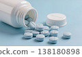 Close-up, soft light, 3D render of a white pill bottle with removed cap and spilled tablets on a pastel blue surface, realistic soft reflections, clean medical aesthetic, the camera is stationary. 138180898