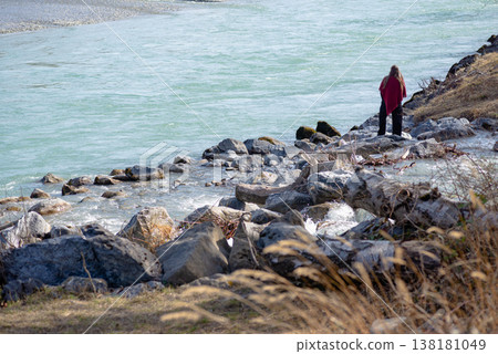 Person walking on rocky shore near river or lake 138181049