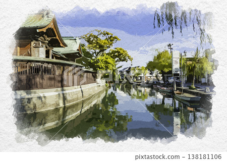 福岡縣柳川市柳川河遊船觀光街的水彩風格畫作 福岡縣柳川市柳川河遊船觀光街的水彩風格畫作 138181106