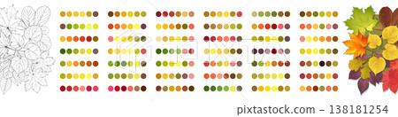 Giant autumn leaves color palette collection, fall coloring page and samples. Giant autumn leaves color palette collection, fall coloring page and samples. 138181254
