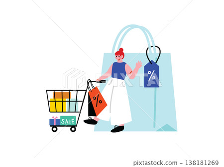 Illustration of a woman pushing a shopping cart Illustration of a woman pushing a shopping cart 138181269
