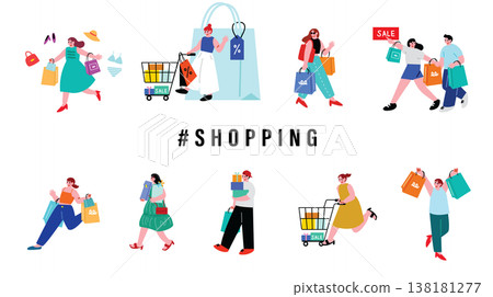 A set of illustrations of people enjoying shopping. A set of illustrations of people enjoying shopping. 138181277
