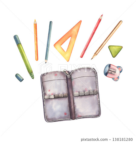 Pencil case, pencils, marker, ruler, shaper, eraser. Hand-painted watercolor illustration isolated on white for back to school design, education materials, stationery branding, poster, packaging Pencil case, pencils, marker, ruler, shaper, eraser. Hand-painted watercolor illustration isolated on white for back to school design, education materials, stationery branding, poster, packaging 138181280