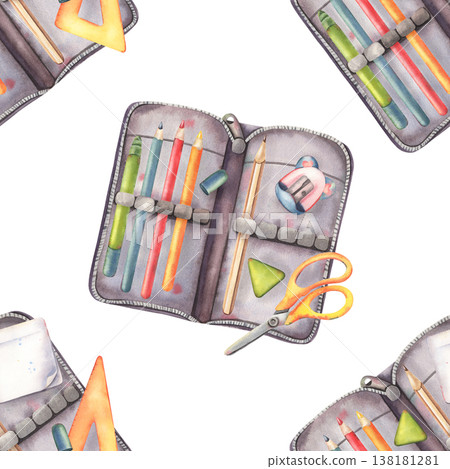 Seamless pattern, open pencil cases with school supplies. Hand-painted illustration isolated on white. Bright design perfect for stationery, back-to-school products, textiles, packaging, branding 138181281