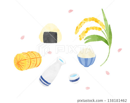 春日式豐收幸運符套裝:可愛的水彩插畫,包含稻穗、飯糰、飯碗、酒瓶和米捆 春日式豐收幸運符套裝:可愛的水彩插畫,包含稻穗、飯糰、飯碗、酒瓶和米捆 138181462