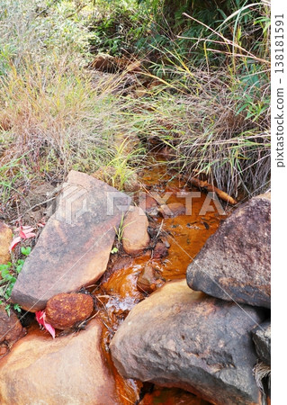 A small red stream flows into Ryuo Pond at Ryusenji Temple in Shimogashimori, Kita Ward, Okayama City, Okayama Prefecture. A small red stream flows into Ryuo Pond at Ryusenji Temple in Shimogashimori, Kita Ward, Okayama City, Okayama Prefecture. 138181591