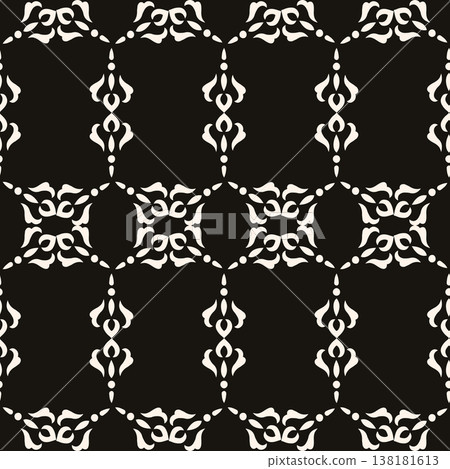 Elegant monochrome seamless pattern with ornate floral motifs and geometric symmetry. Premium black and white vector for luxury wallpaper and fabric. 138181613