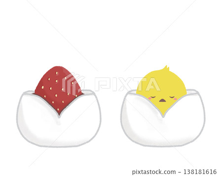Illustration of a strawberry daifuku and a chick Illustration of a strawberry daifuku and a chick 138181616