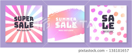 A set of square sale banners with radial and brush-like textures and polka dot patterns. Colorful promotional design materials. A set of square sale banners with radial and brush-like textures and polka dot patterns. Colorful promotional design materials. 138181657
