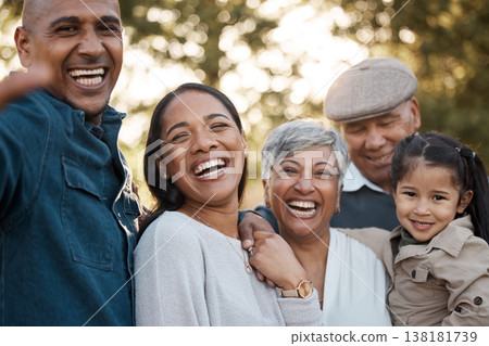 Parents, child and grandparents with selfie in park for memory, smile and bonding for post on web blog. Men, women and girl kid with profile picture, portrait and photography in summer sunshine Parents, child and grandparents with selfie in park for memory, smile and bonding for post on web blog. Men, women and girl kid with profile picture, portrait and photography in summer sunshine 138181739