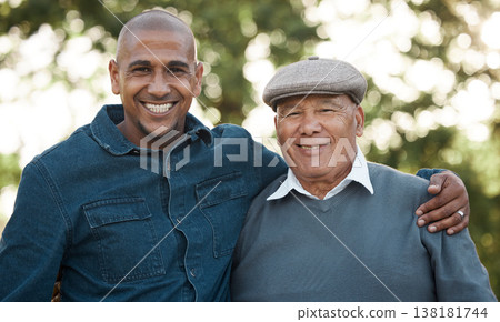 Hug, family and portrait of senior father in park for bonding, relationship and relax together. Love, happy and face of elderly dad embrace son outdoors for fun on weekend, holiday and vacation Hug, family and portrait of senior father in park for bonding, relationship and relax together. Love, happy and face of elderly dad embrace son outdoors for fun on weekend, holiday and vacation 138181744