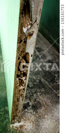 Termite Damaged Wooden Door Frame Close-Up Termite Damaged Wooden Door Frame Close-Up 138181753