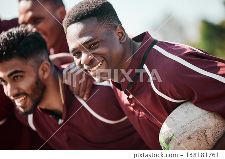 Team, rugby or smile for people, game or unity for collaboration, sports or happy. Ball, men or solidarity for match, support or together for competition, club or group in field, uniform or training 138181761