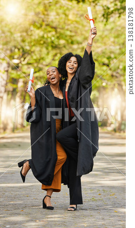 Graduate diploma, happy women portrait and friends celebrate learning success, education goals or university graduation. College certificate, school study achievement and excited students celebration Graduate diploma, happy women portrait and friends celebrate learning success, education goals or university graduation. College certificate, school study achievement and excited students celebration 138181798