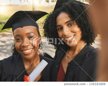 Graduation, portrait or happy friends selfie for learning success, education development or graduate photo. College women, park photography and face of students smile for school progress achievement Graduation, portrait or happy friends selfie for learning success, education development or graduate photo. College women, park photography and face of students smile for school progress achievement 138181809
