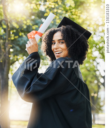 Graduate, certificate and portrait of happy woman celebrate success, education and college degree outdoor. University graduation, diploma and celebration of award, achievement and event in garden Graduate, certificate and portrait of happy woman celebrate success, education and college degree outdoor. University graduation, diploma and celebration of award, achievement and event in garden 138181810
